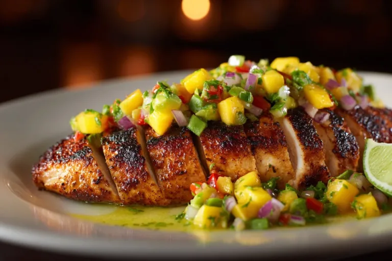 Plate of grilled chicken topped with mango avocado salsa