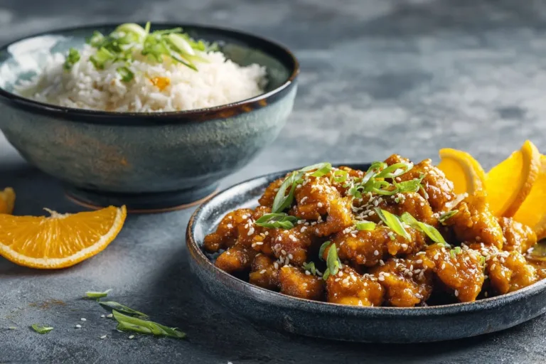 Healthy orange chicken dish served with vegetables on a plate