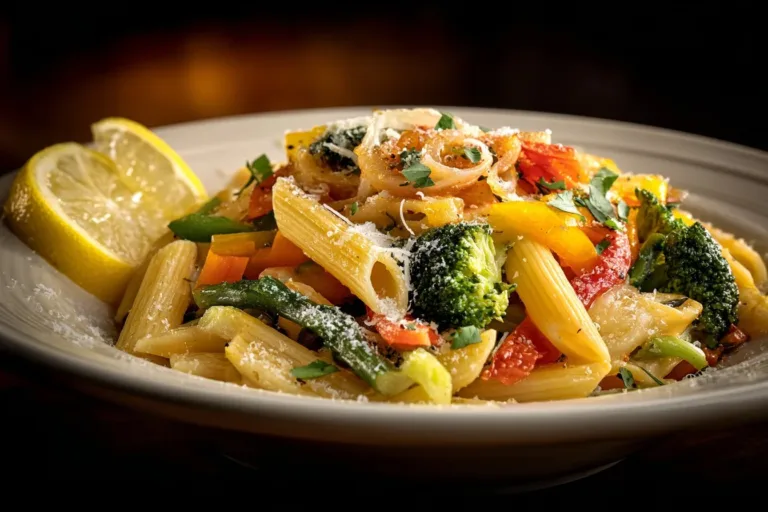 Healthy Pasta Primavera with fresh vegetables and herbs on a plate.