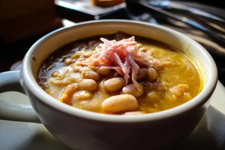 Bowl of hearty ham and bean soup with herbs and spices.