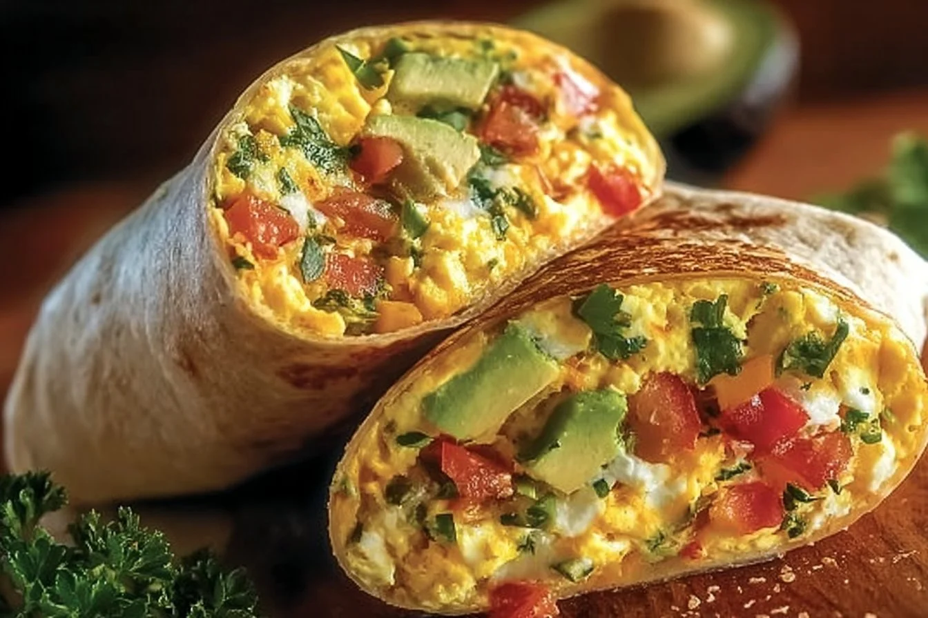 High-protein breakfast wrap with cottage cheese and avocado on a plate