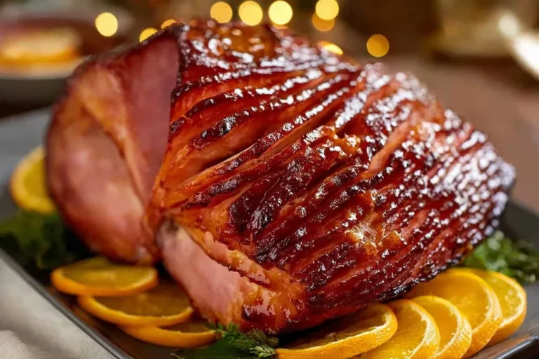 Holiday baked ham with brown sugar glaze served on a festive table