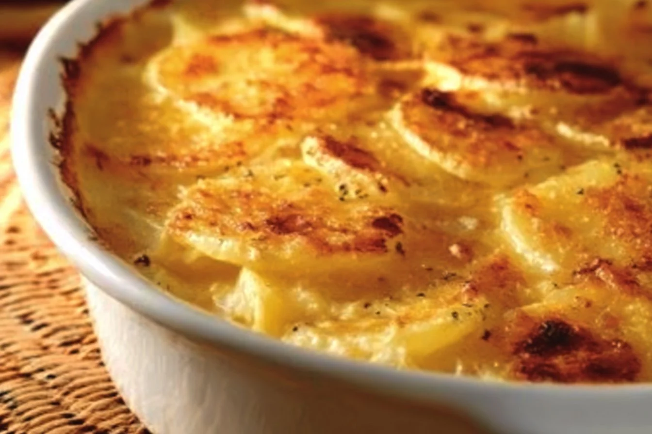 Delicious homemade scalloped potatoes served in a creamy cheese sauce