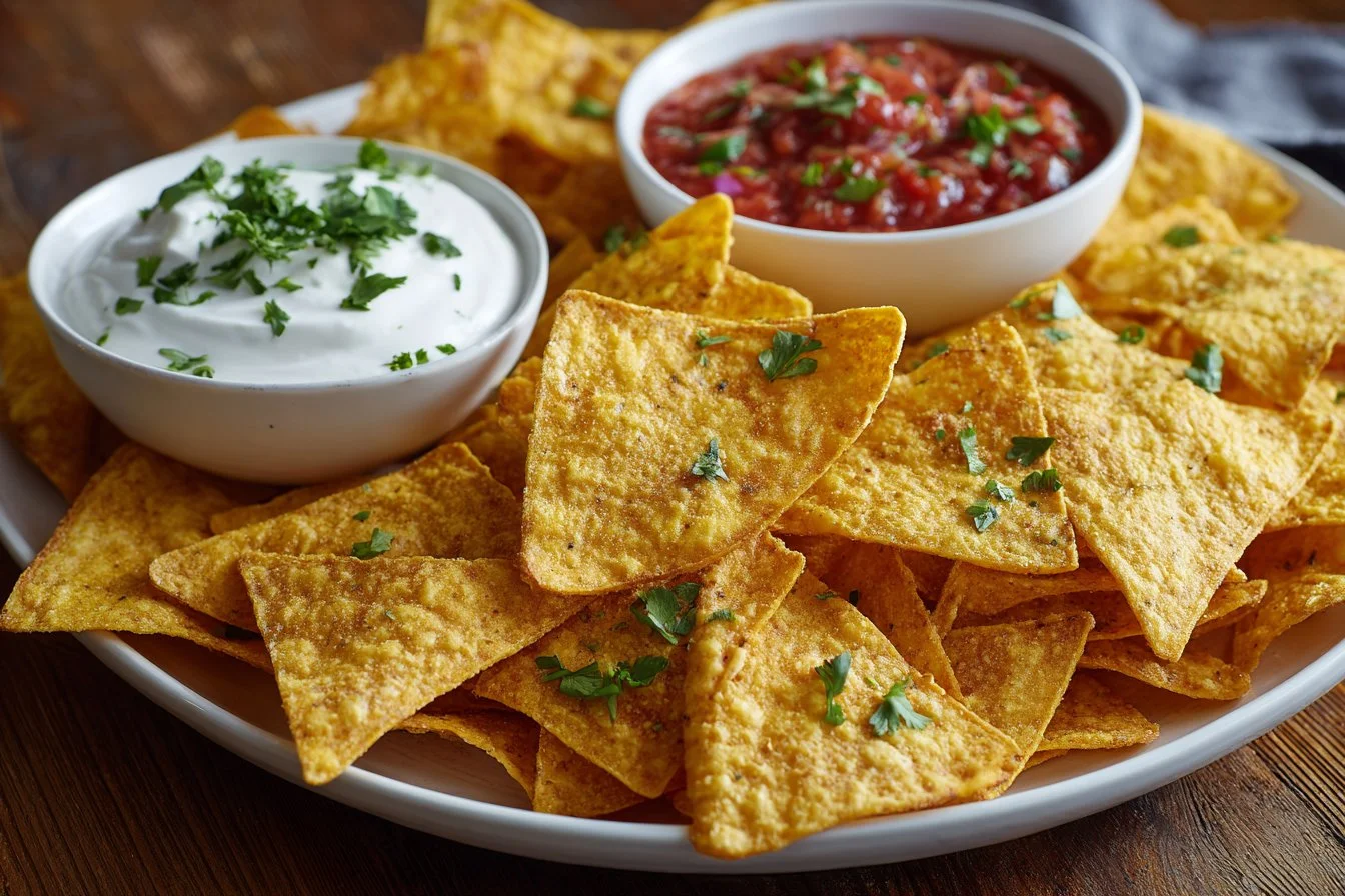 Bowl of homemade tortilla chips served with salsa and guacamole