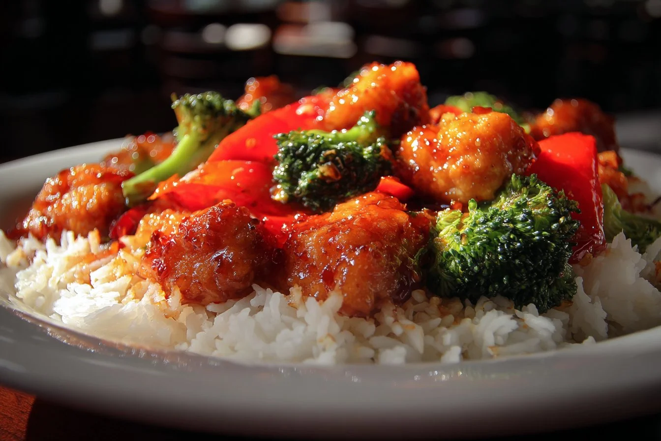 Delicious Honey Garlic Chicken served with vegetables on a plate.
