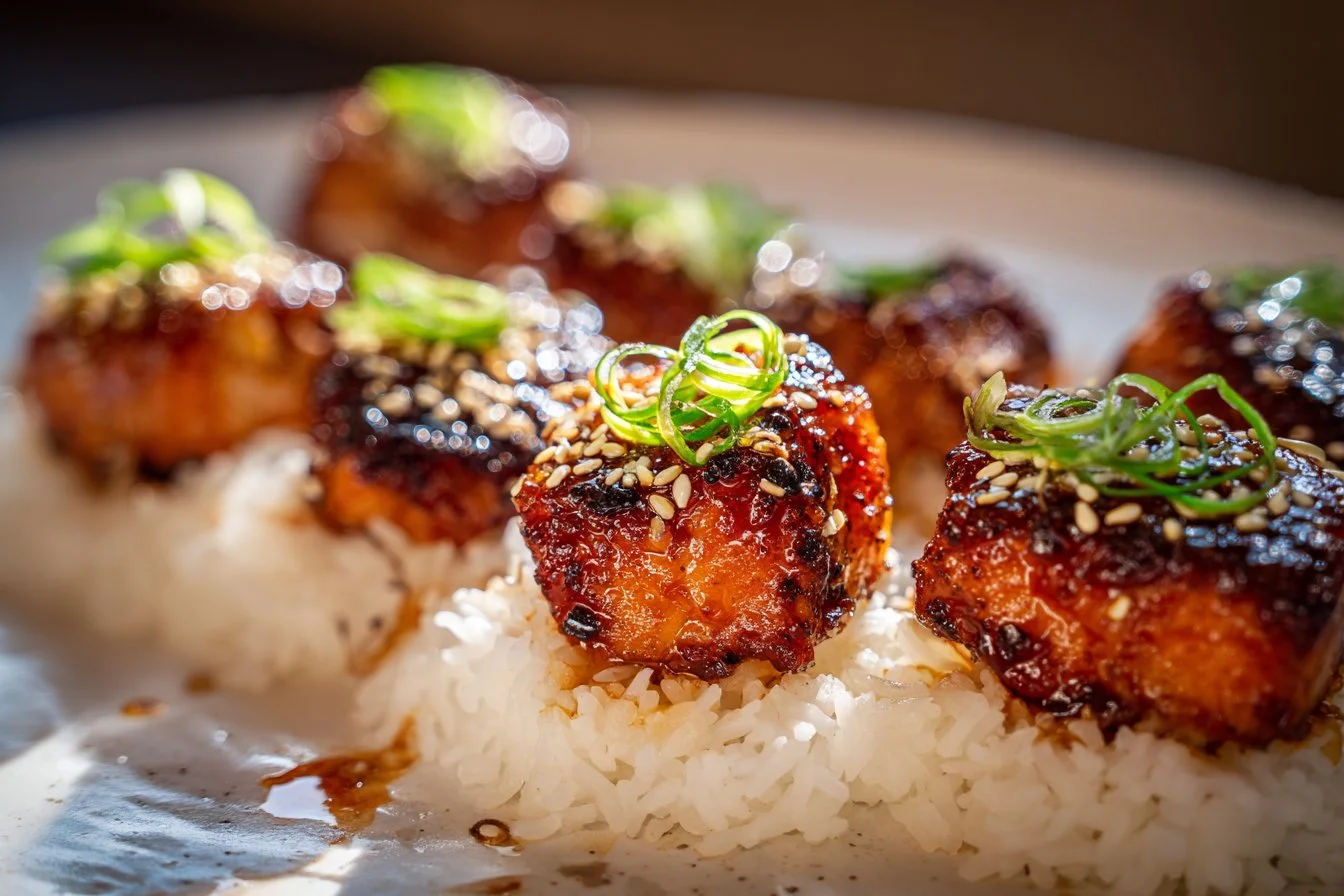 Honey garlic salmon bites served in a plate with herbs