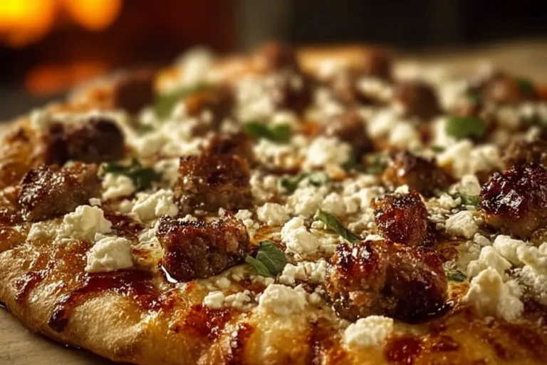 Hot Sausage Feta Honey Pizza with honey drizzle and fresh toppings