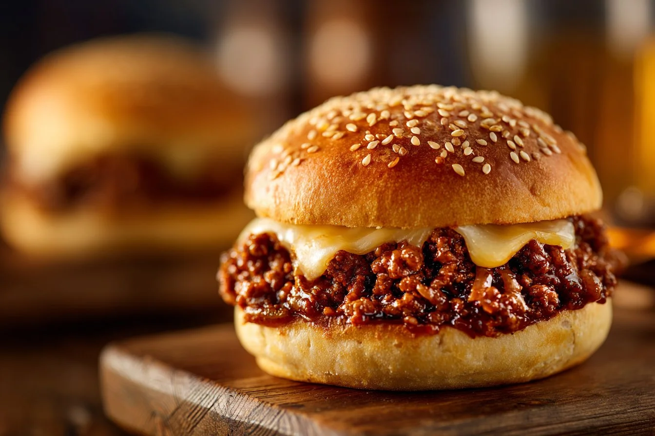 Delicious French onion beef sloppy joes served in a bun with melted cheese