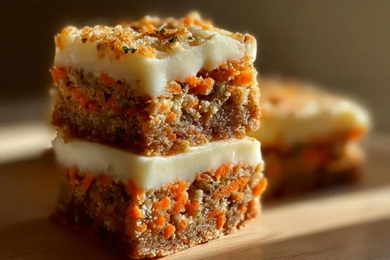 Delicious carrot cake cream cheese bars topped with frosting