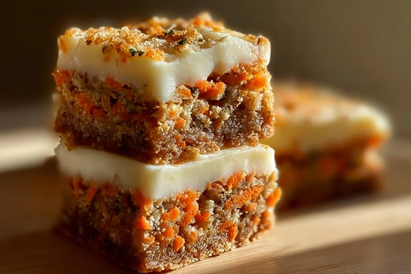Delicious carrot cake cream cheese bars topped with frosting