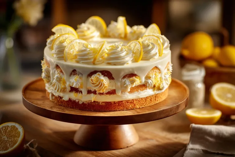 Slice of Italian Lemon Cream Cake with fresh lemon garnish