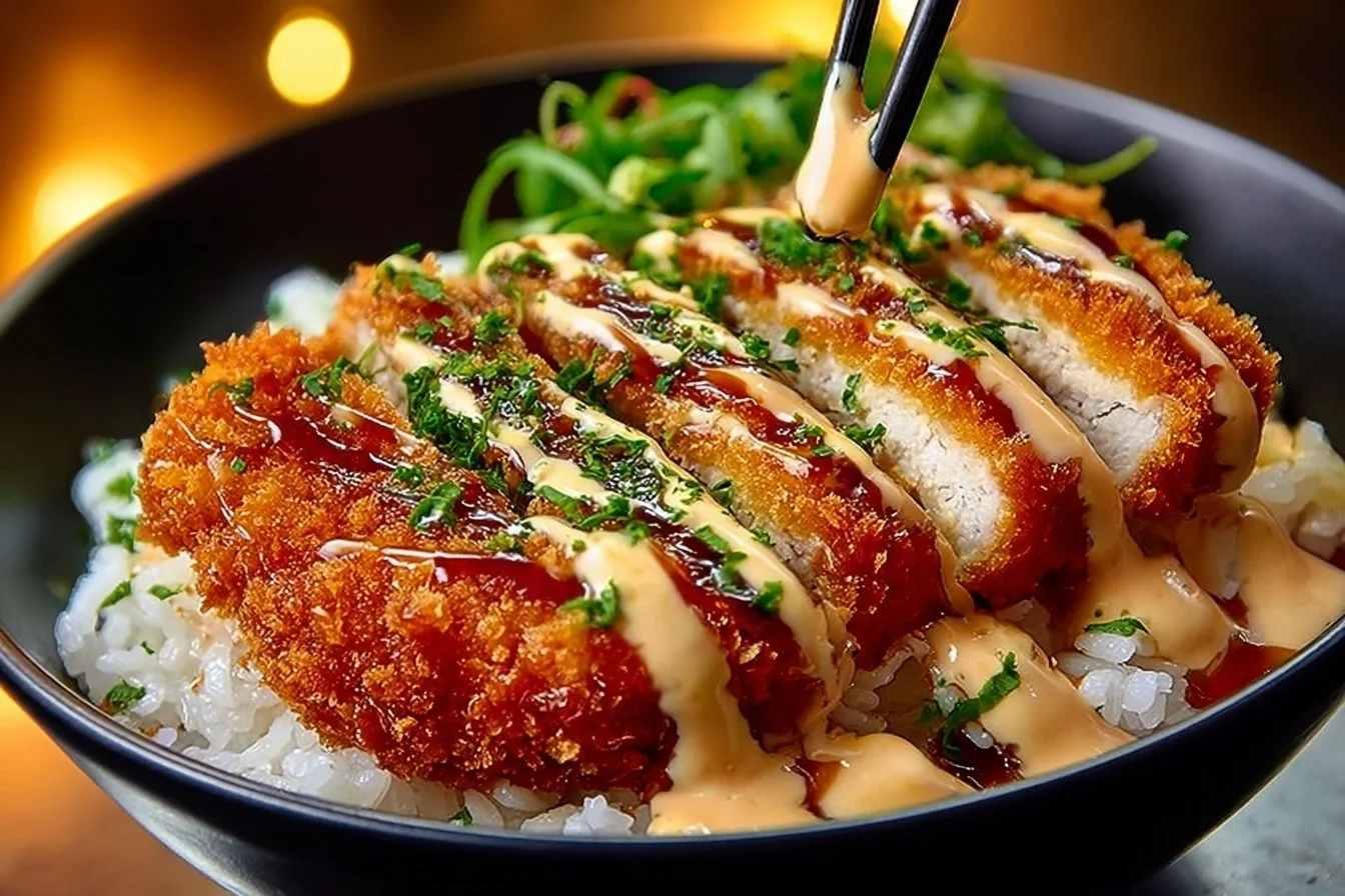 Delicious Japanese Katsu Bowls topped with flavorful Tonkatsu sauce