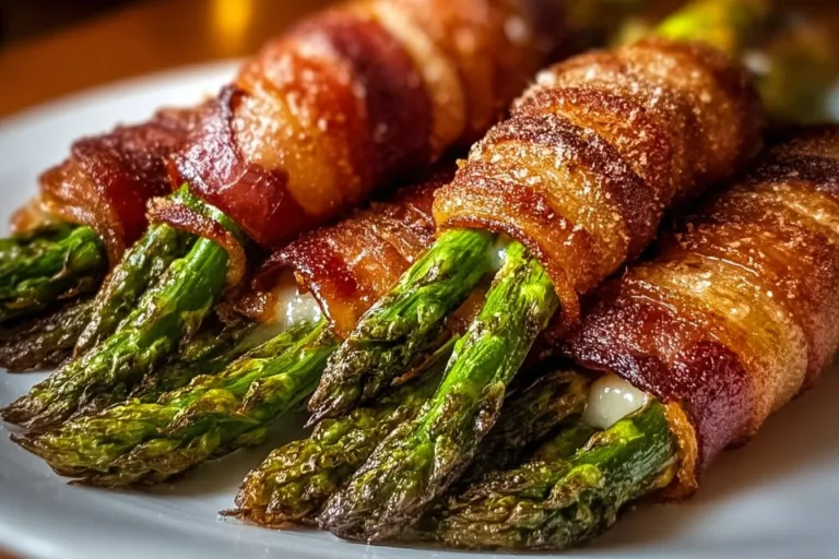 Keto-friendly bacon wrapped asparagus bundles served on a platter
