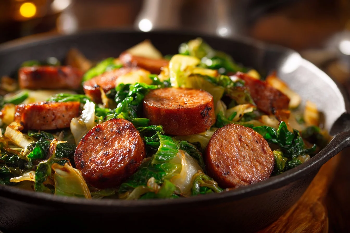 Keto Sausage and Cabbage Skillet dish with fresh ingredients