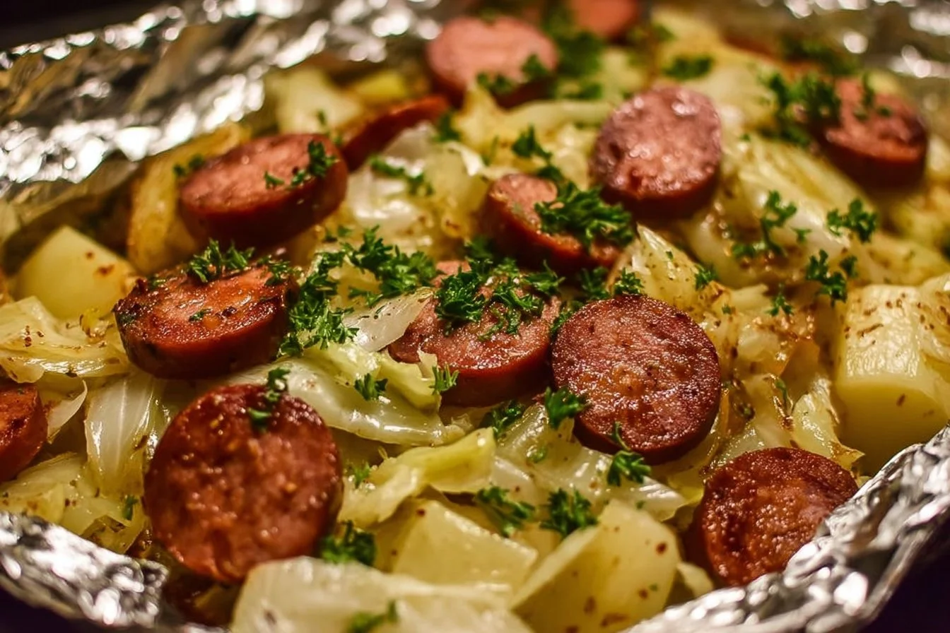 Kielbasa and cabbage foil packs ready for cooking on a grill or in the oven