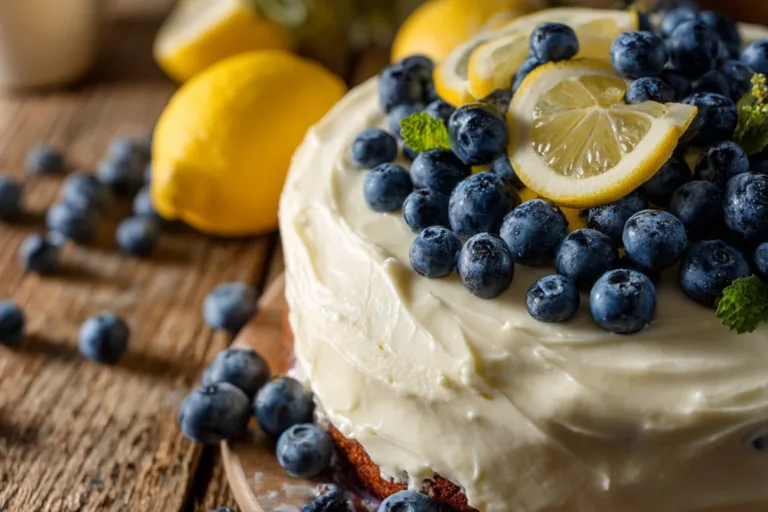 Slice of moist Lemon Blueberry Cake topped with fresh blueberries and lemon zest.