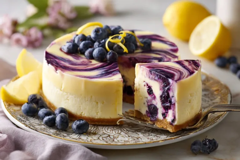 Deliciously creamy Lemon Blueberry Cheesecake with fresh blueberries on top