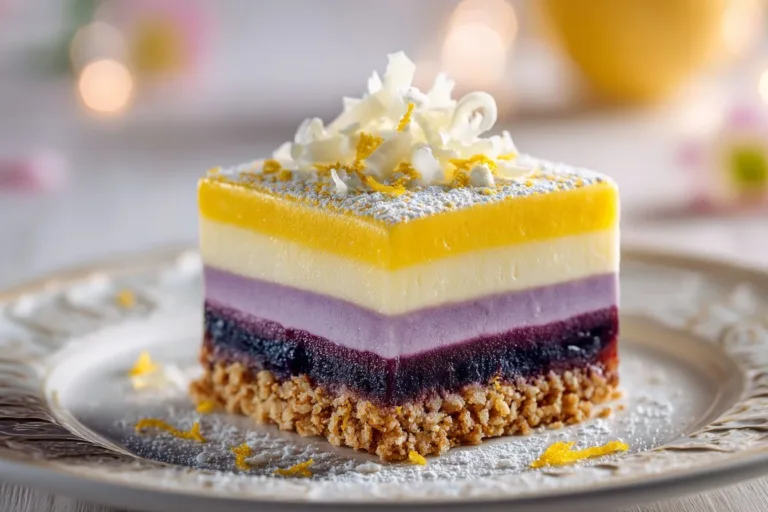 Lemon blueberry lasagna with creamy layers and fresh blueberries on top