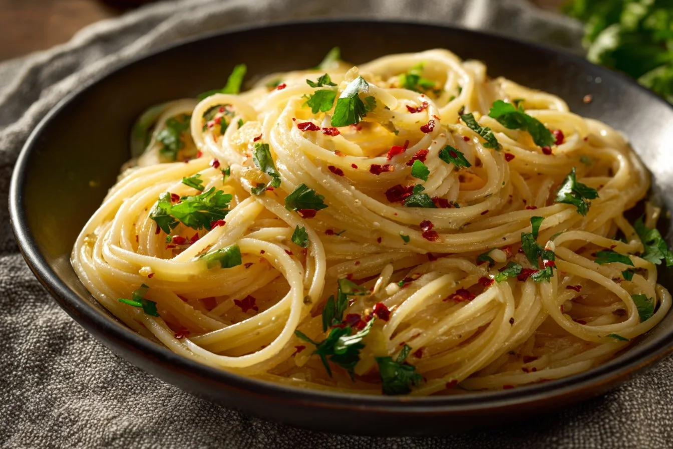 Delicious Lemon Butter Garlic Pasta Sauce drizzled over spaghetti