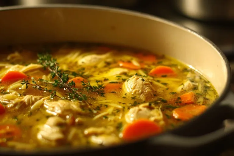 Bowl of Lemon Chicken Orzo Soup garnished with parsley and lemon slices