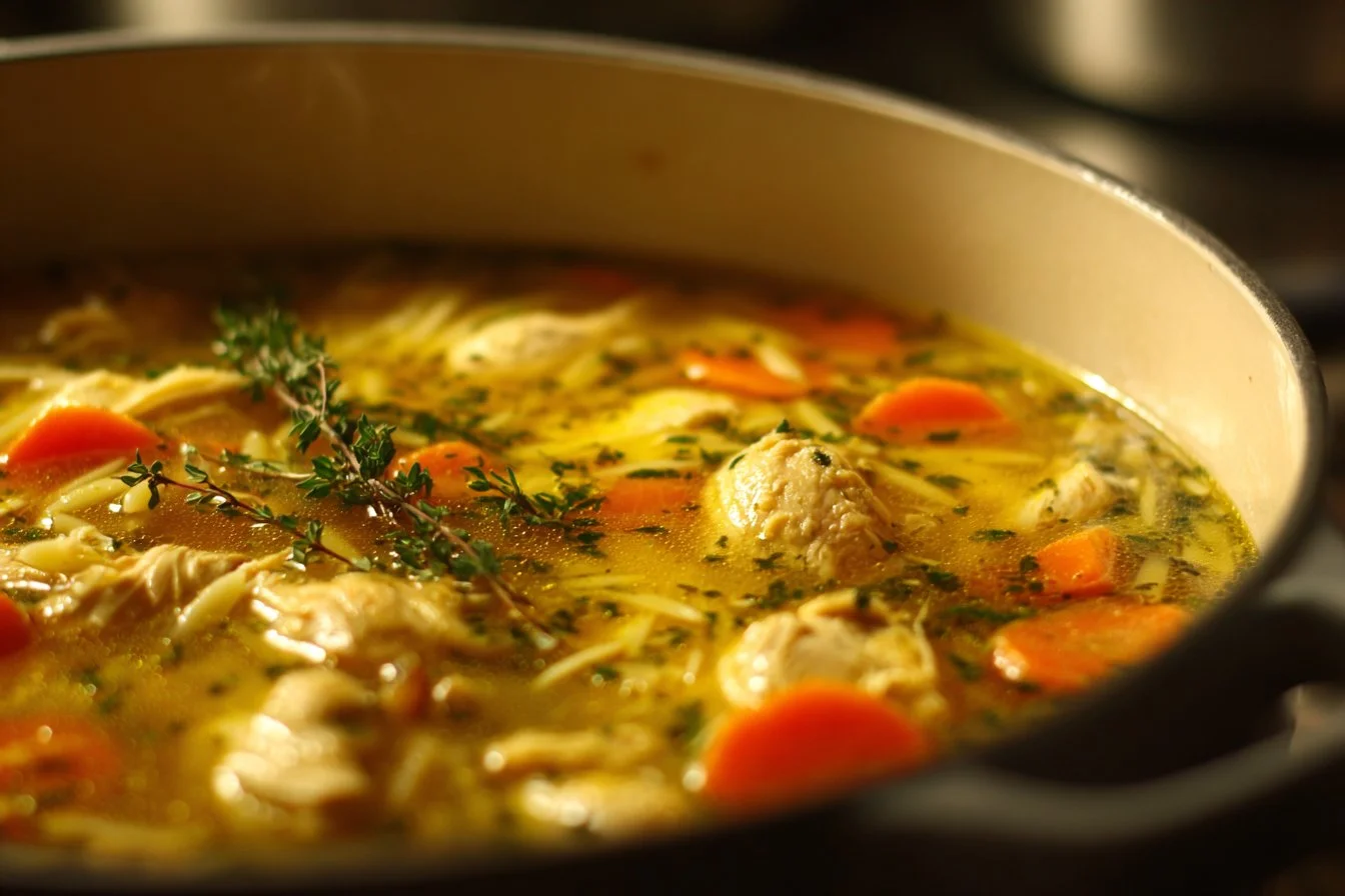 Bowl of Lemon Chicken Orzo Soup garnished with parsley and lemon slices