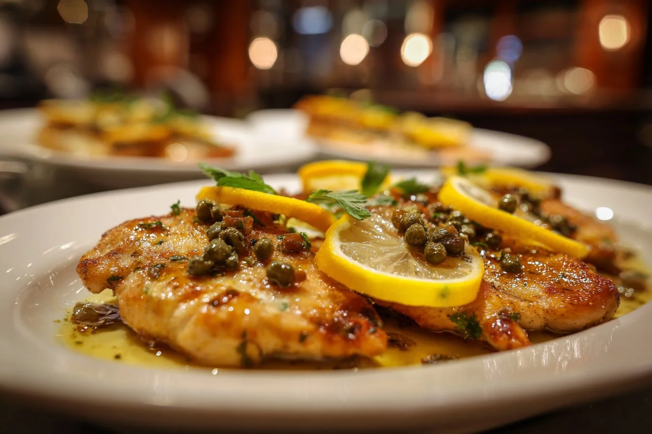 Lemon chicken piccata served with a garnish of parsley and lemon slices