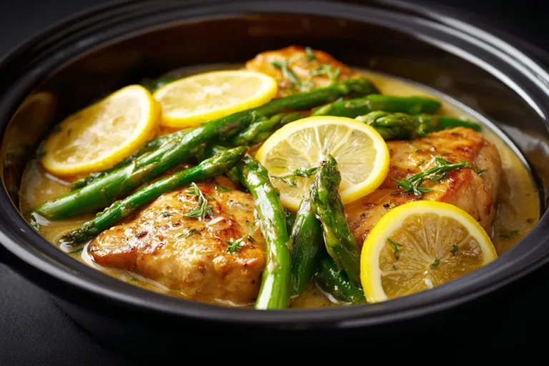 Lemon chicken with asparagus garnished with herbs on a white plate