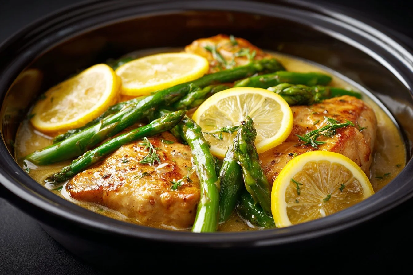 Lemon chicken with asparagus garnished with herbs on a white plate