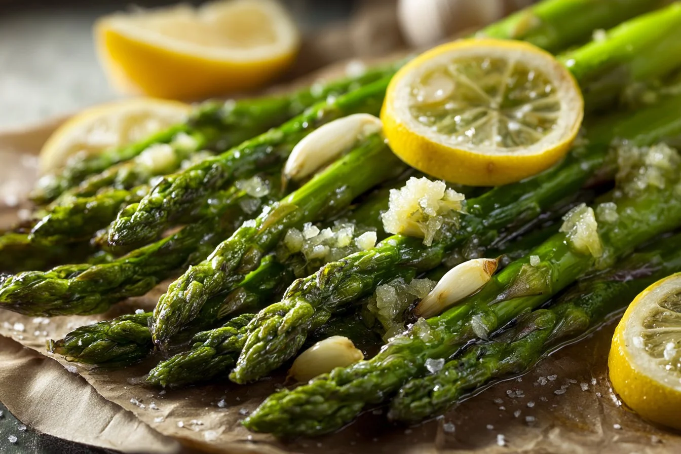Plate of Lemon Garlic Asparagus drizzled with lemon juice and garlic