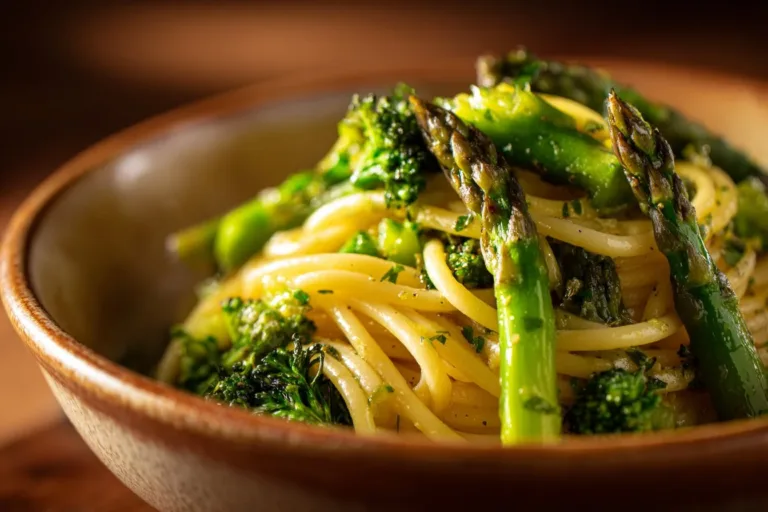 Lemon Garlic Pasta with Broccoli and Asparagus served in a bowl