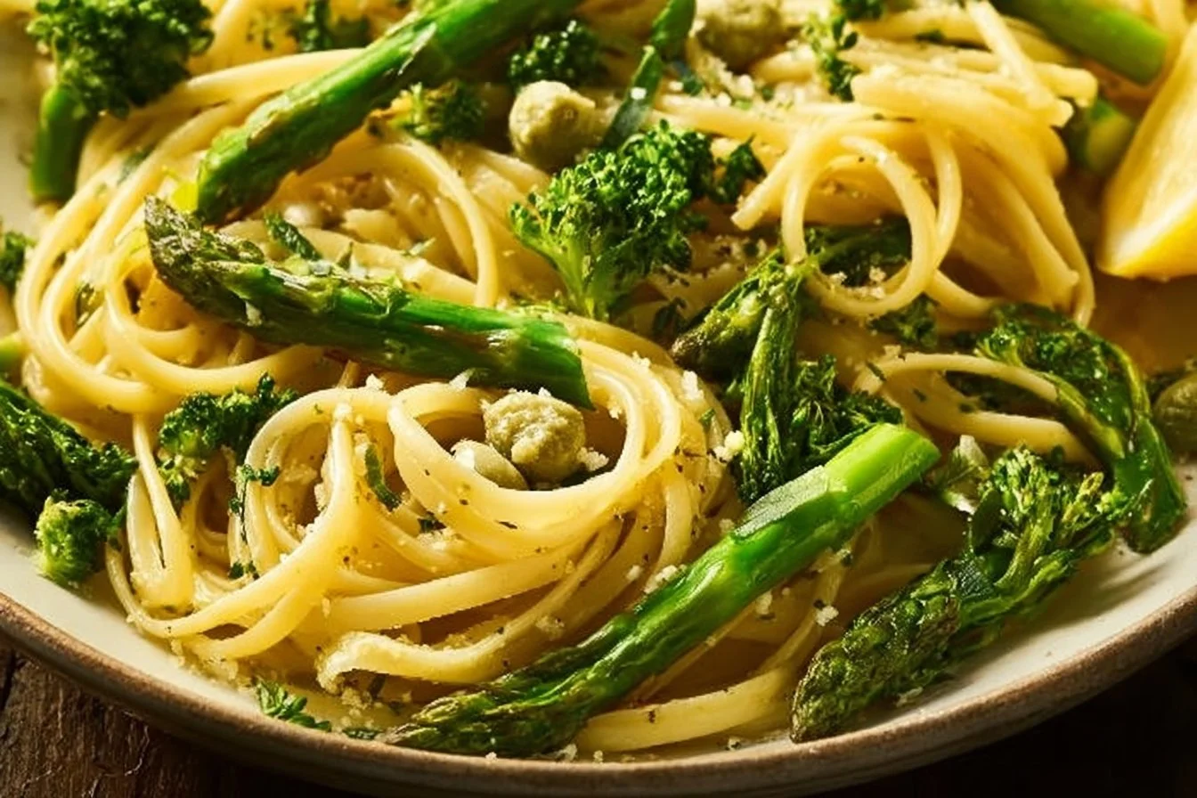 Lemon Garlic Pasta with Broccoli and Asparagus