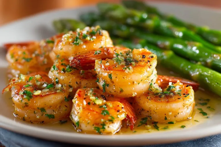 Plate of Lemon Garlic Shrimp with Asparagus garnished with herbs