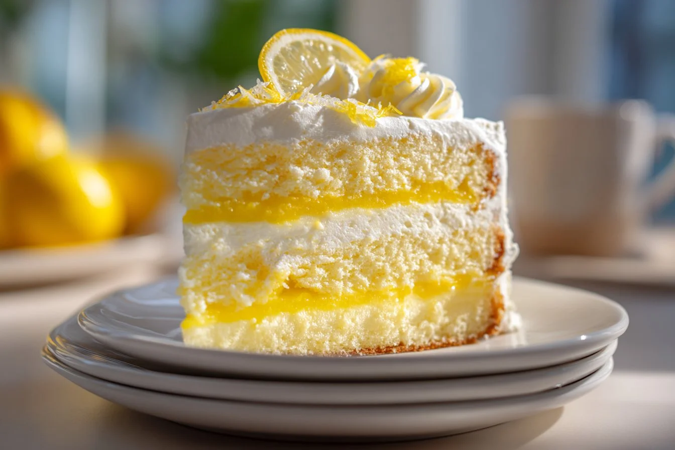 Delicious Lemon Lush Cake slice with lemon zest and creamy layers.