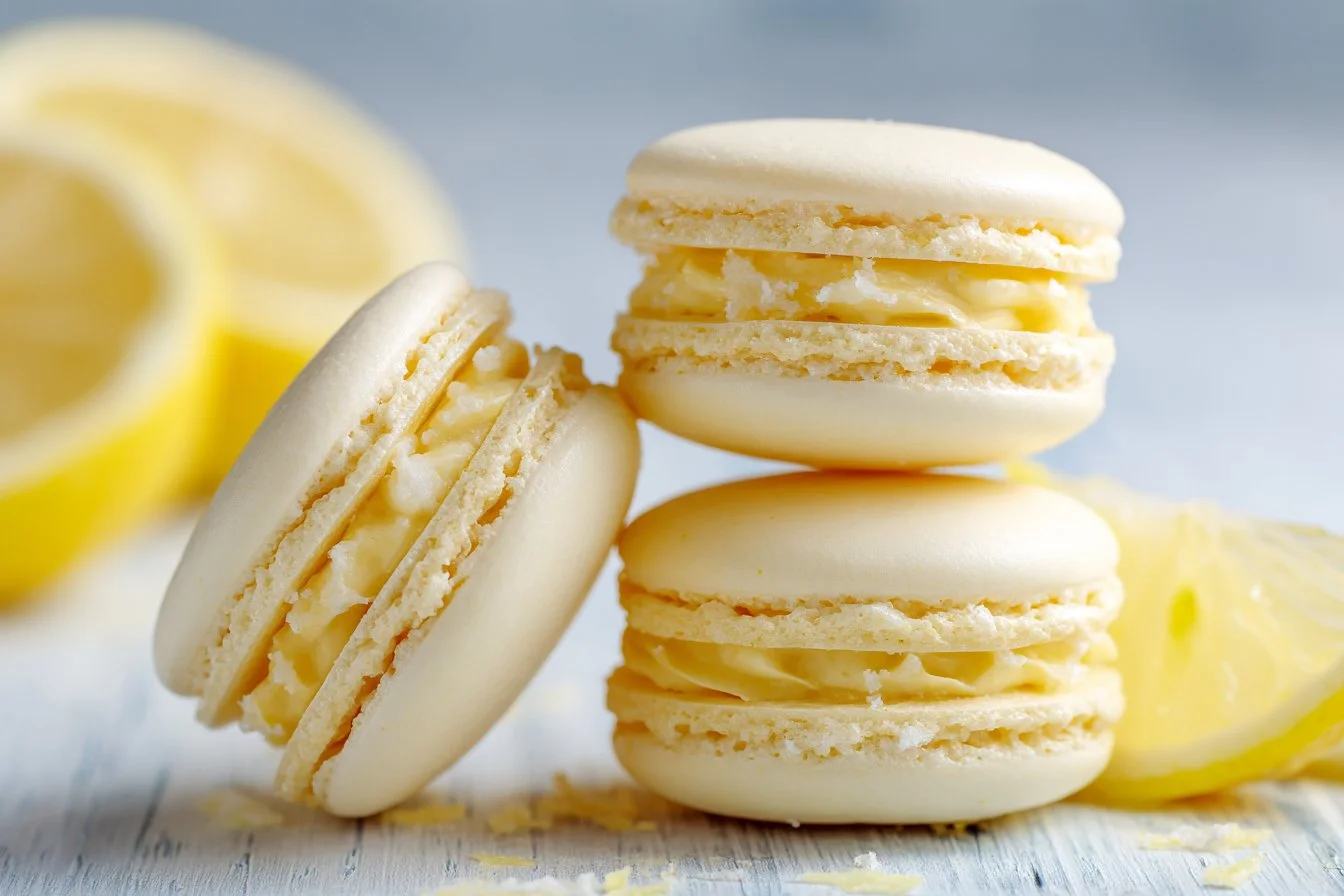 Lemon macarons filled with lemon curd, a delightful citrus dessert.