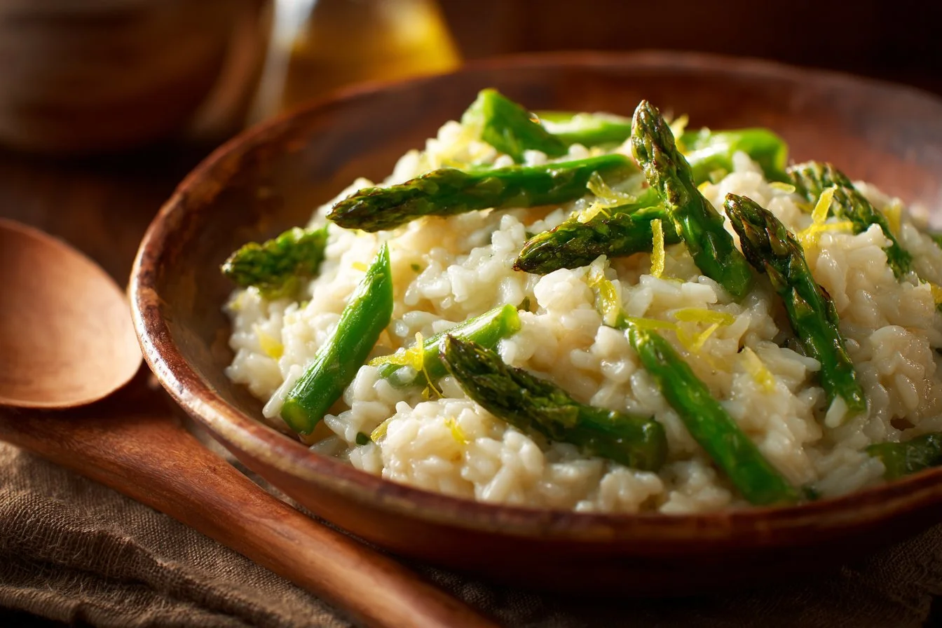 Plate of creamy Lemon Parmesan Risotto garnished with parsley and lemon zest