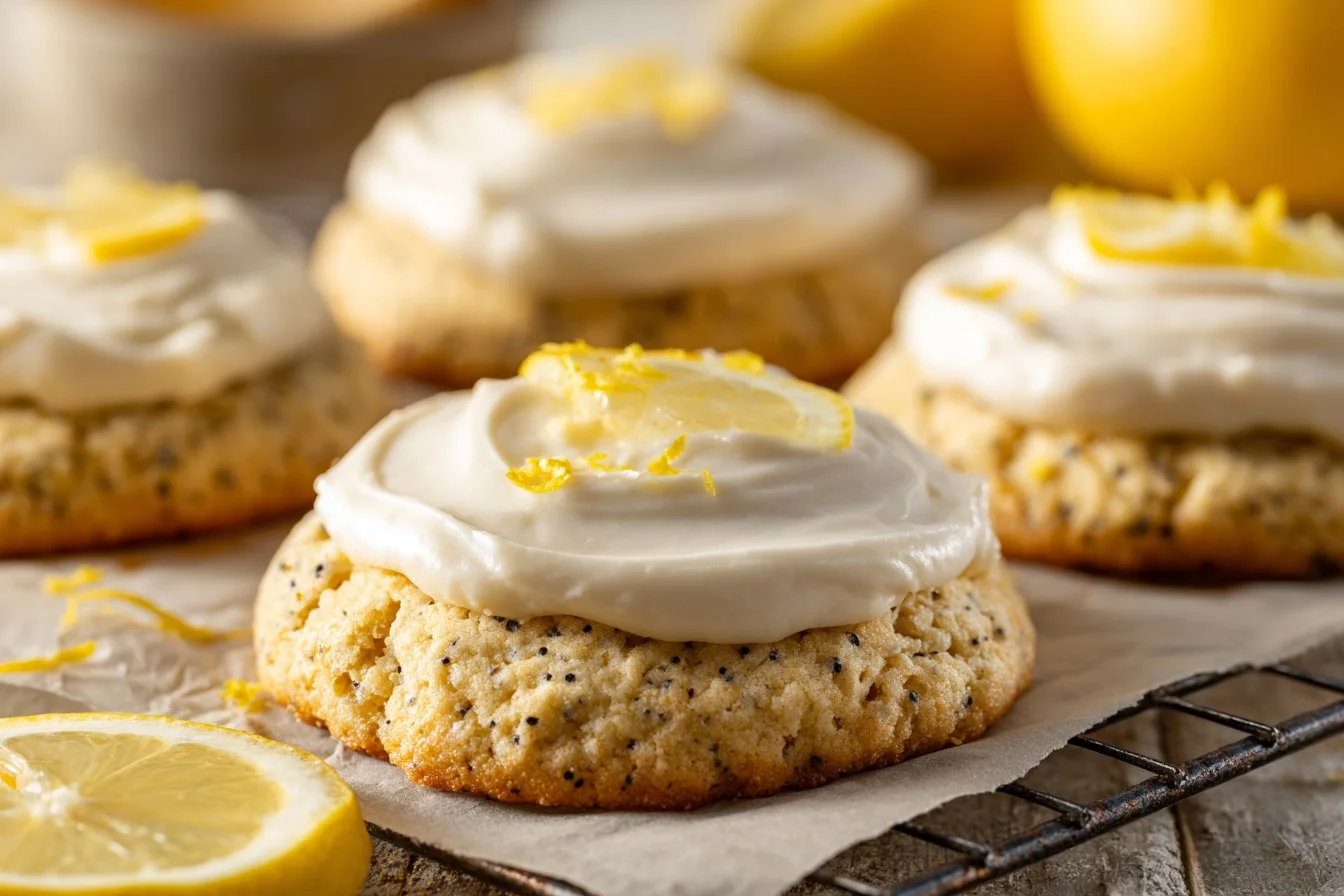 Freshly baked lemon poppy seed cookies on a plate