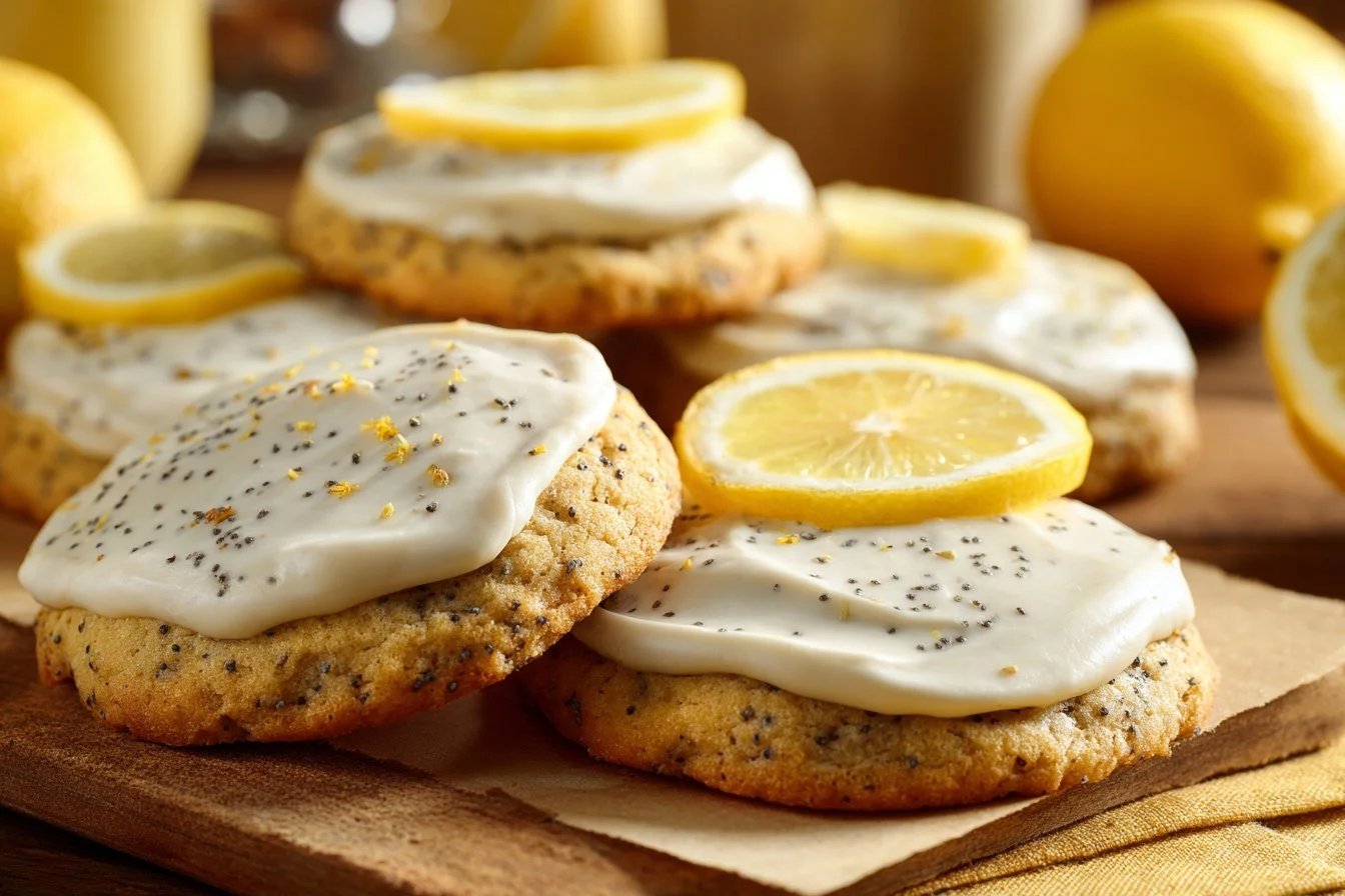 Freshly baked lemon poppy seed cookies with a golden crust and poppy seeds.