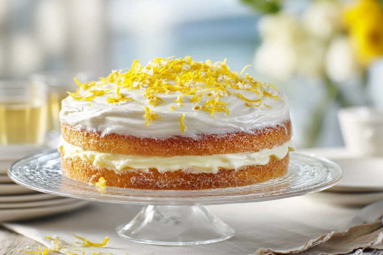 Limoncello Mascarpone Cake topped with fresh lemon zest and cream