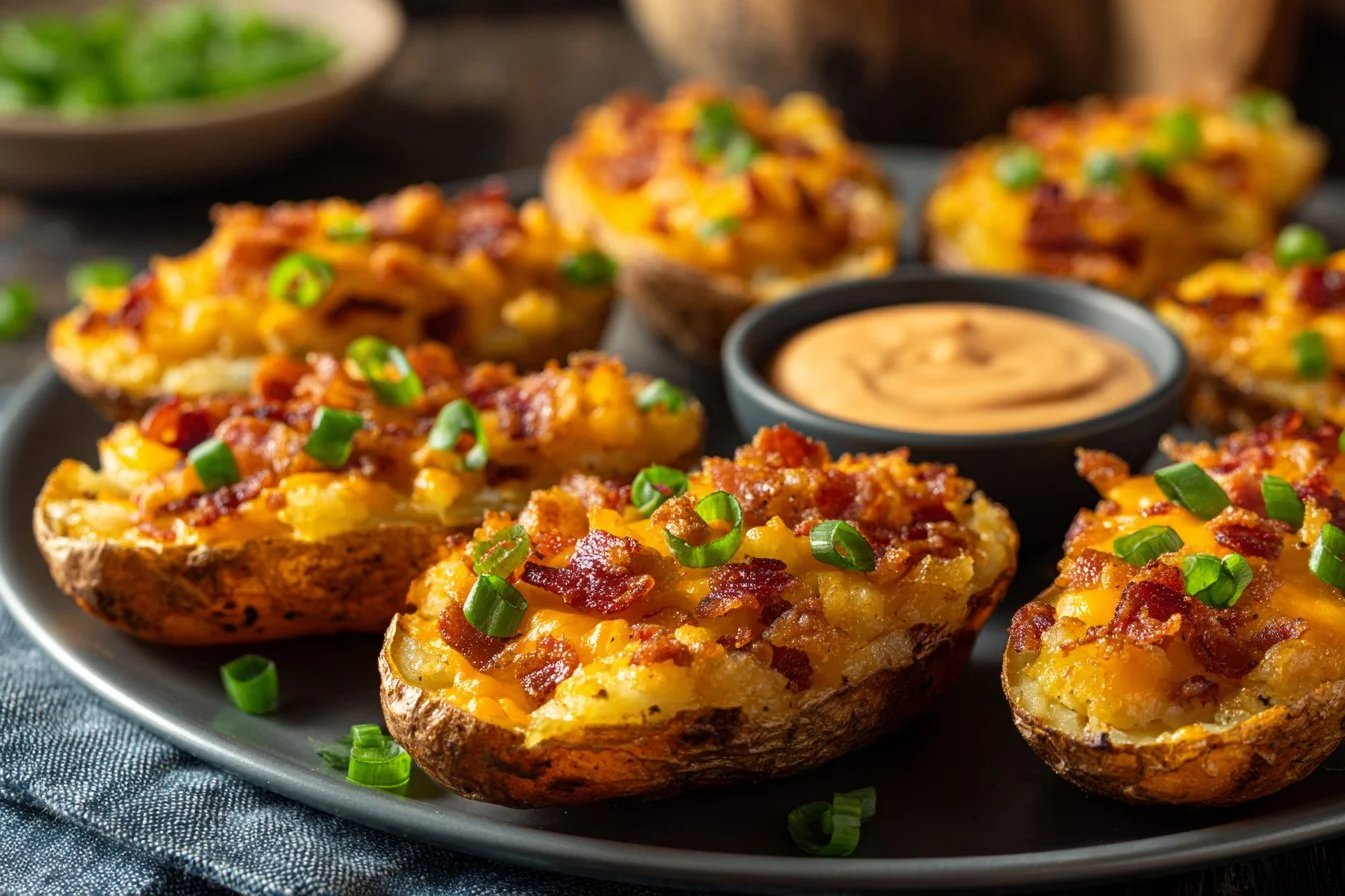 Delicious loaded potato skins topped with cheese and bacon on a plate.