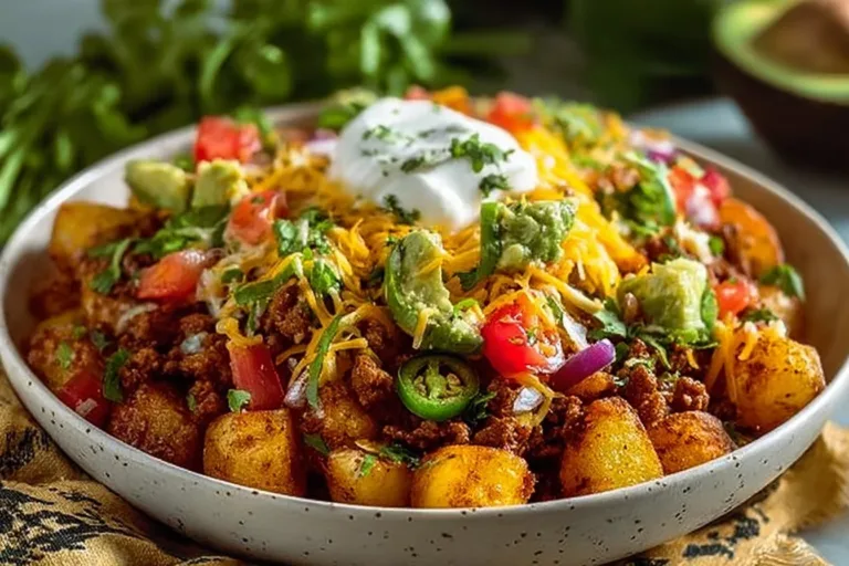 Loaded Potato Taco Bowl with toppings and fresh ingredients