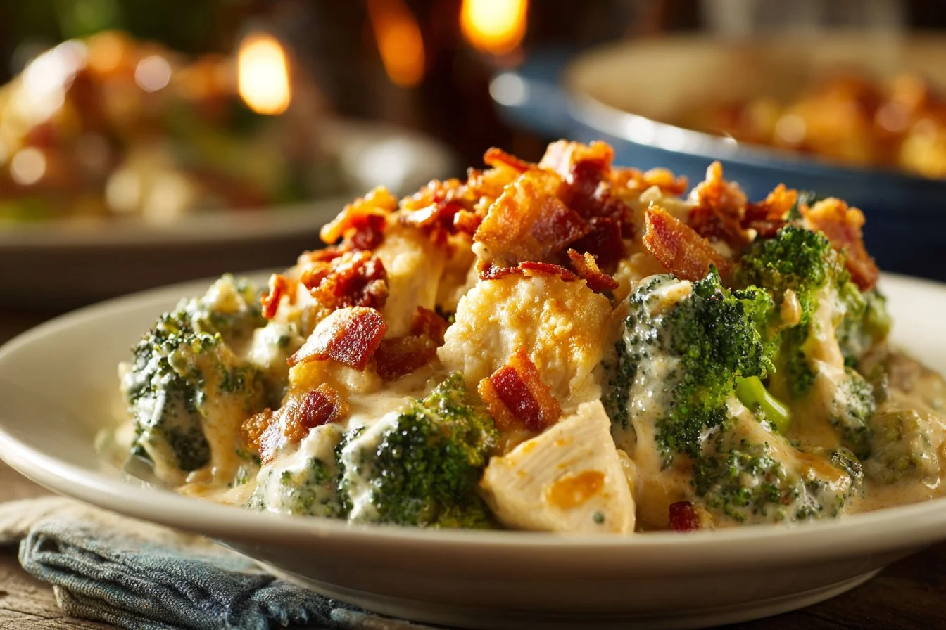 Low carb chicken casserole dish served with vegetables and cheese