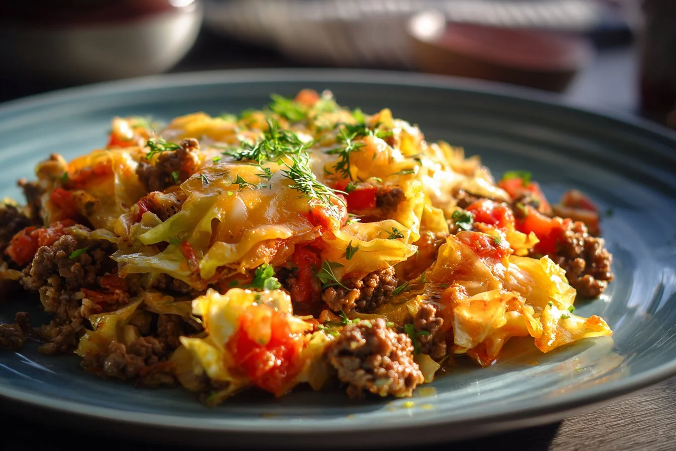 Low Carb Unstuffed Cabbage Casserole served in a dish