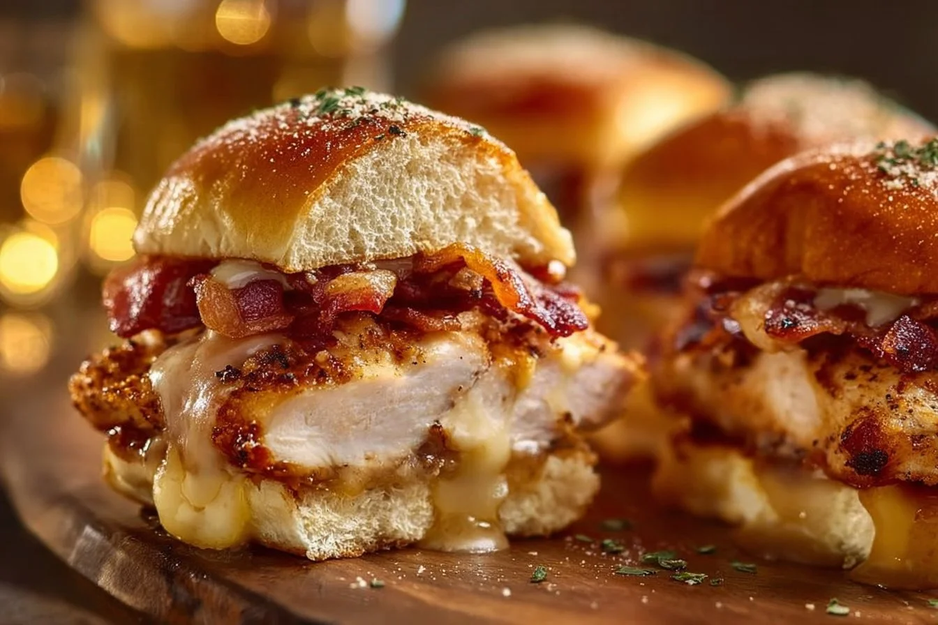 Delicious Maple Chicken Bacon Sliders with crispy bacon and maple glaze.