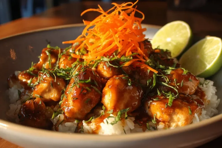 Plate of Maple Chicken served with coconut rice and garnished with herbs