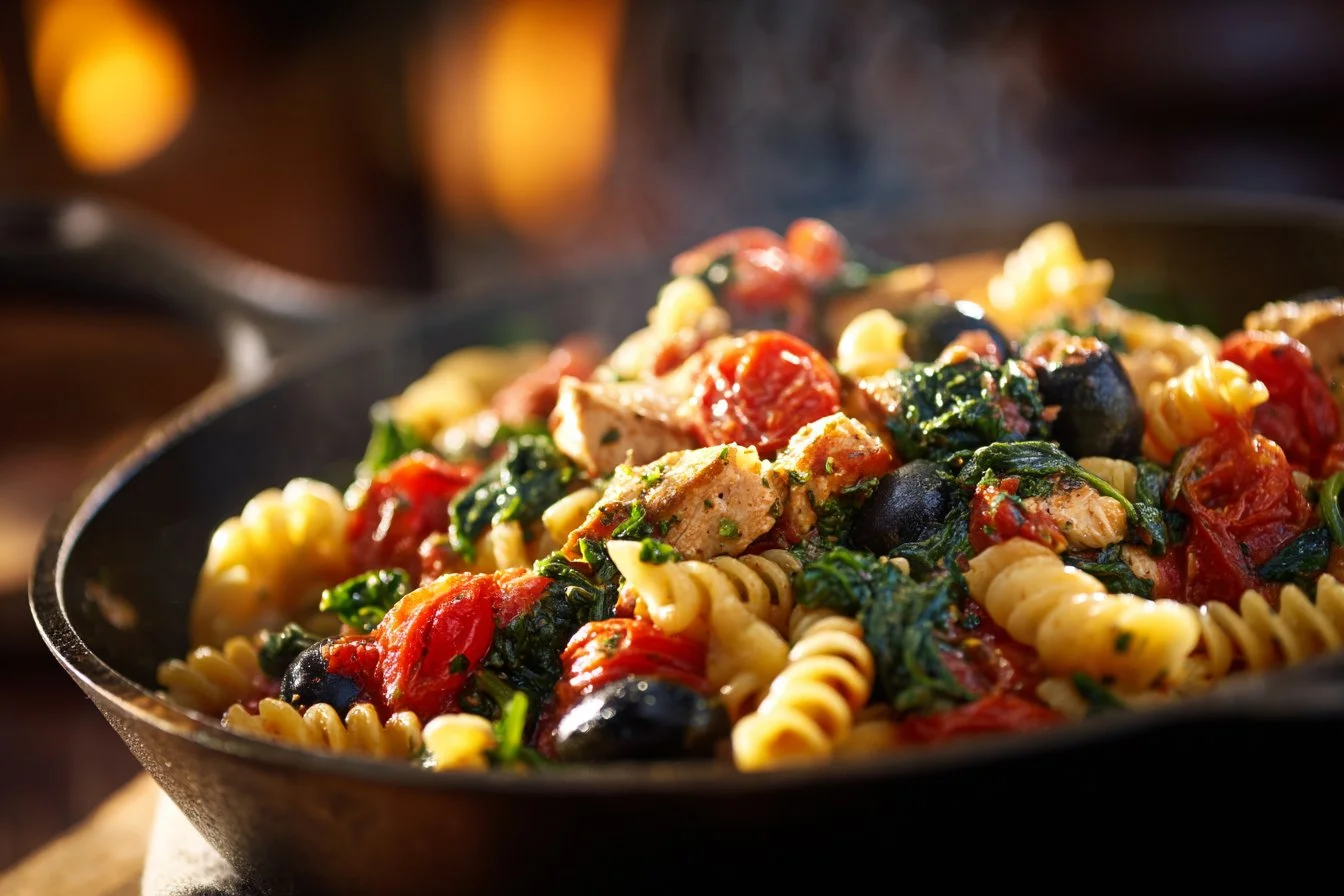 Colorful Mediterranean Pasta with vegetables and herbs in a bowl