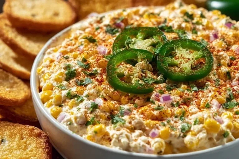 Delicious Mexican street corn dip served in a bowl with fresh toppings