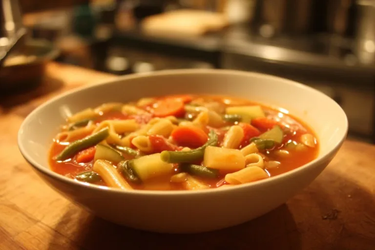 A bowl of delicious minestrone soup filled with fresh vegetables and pasta.