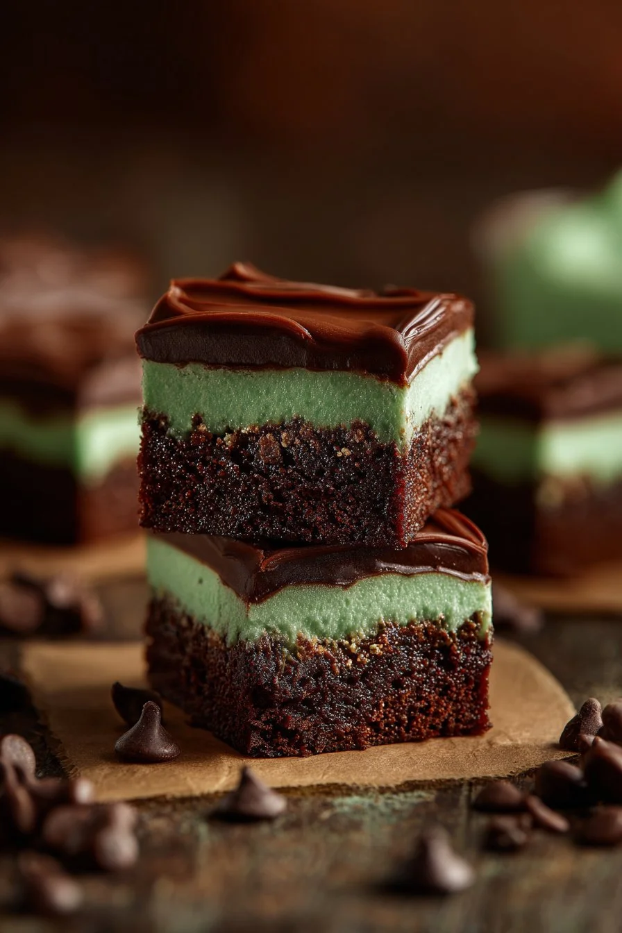 Delicious homemade mint brownies topped with mint frosting and chocolate
