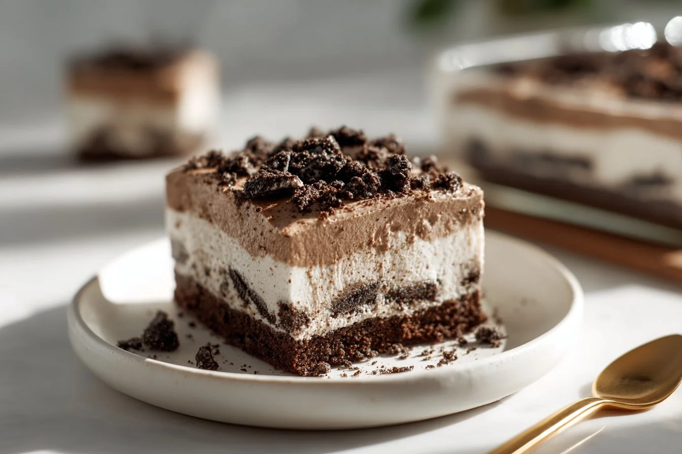 Delicious Mocha Oreo No Bake Dessert served in a bowl with chocolate garnishes