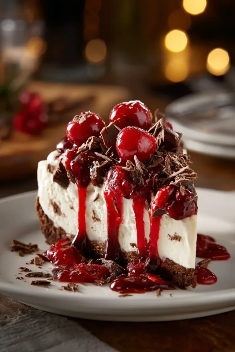 No Bake Black Forest Cheesecake with chocolate and cherries on top